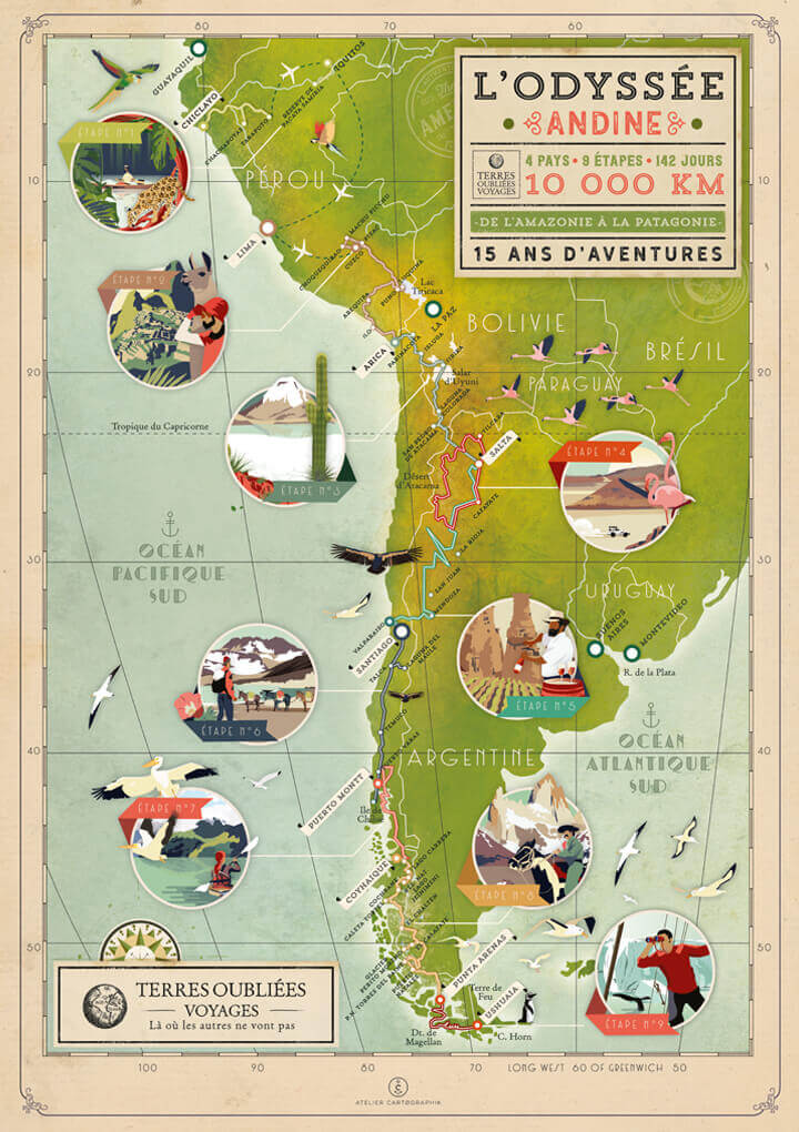 carte d'Amérique du Sud, Affiche promotionelle agence de Voyage, carte illustrée, Terres oubliées, Illustrations et Cartographie, Atelier Cartographik