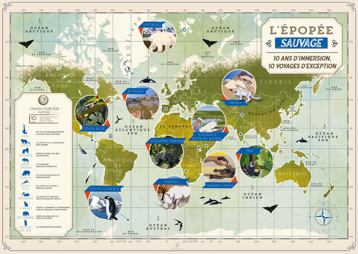 carte du Monde des animaux sauvage, Affiche promotionelle, carte du Monde illustrée, Terres oubliées, Voyage, Atelier Cartographik