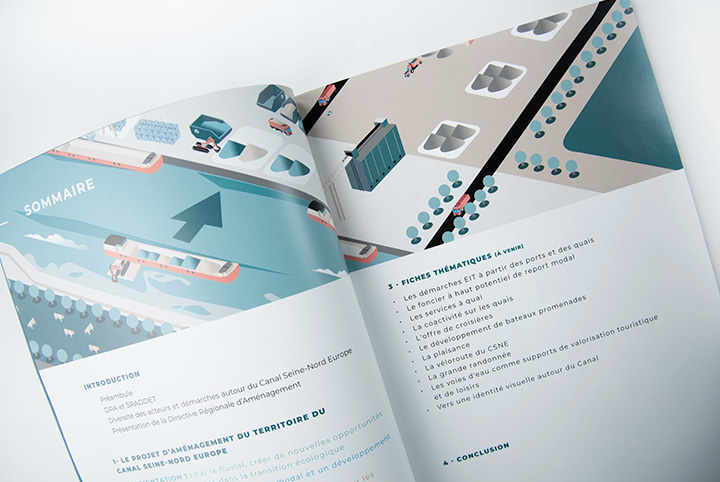 Illustration hub logistique, port de commerce, péniche, sommaire, livre, rapport d'activité