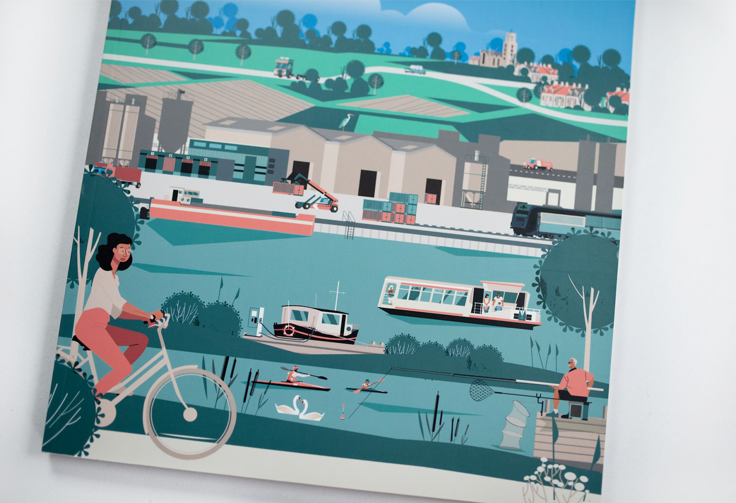 Illustration canal Seine Nord Europe, vélo, péniche, port de commerce, illustration paysage, rapport activité