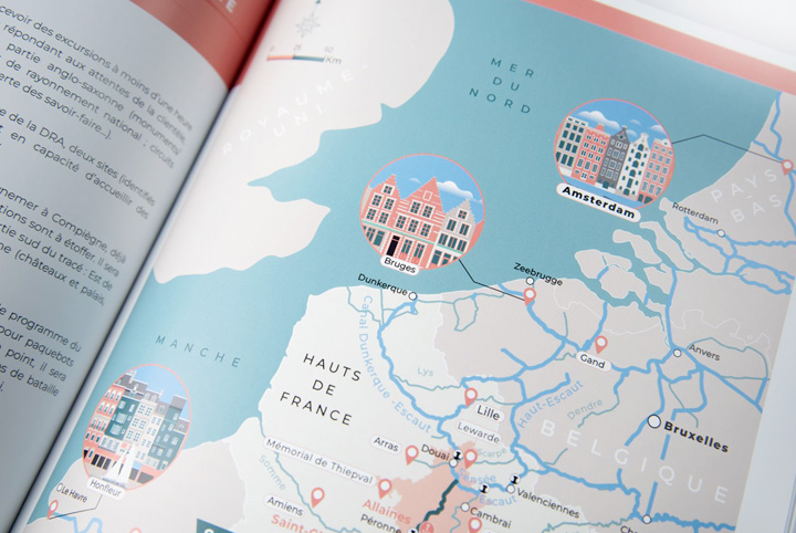 Illustration touristique, Amsterdam, Bruges, Honfleur, Carte illustrée Belgique, Pays-Bas