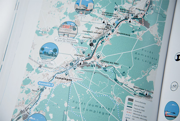 Carte topographique, carte illustrée, illustrations cité batelière, Compiègne, Canal, Eurovélo 3