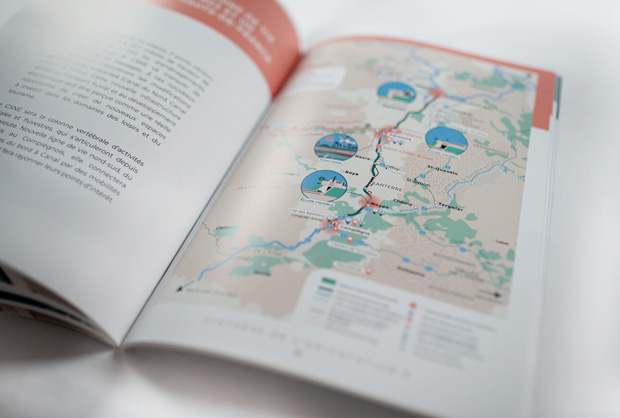 Création de carte illustrée, vallée de la Somme, Noyon, Péronne, écluse, canal, livret institutionnel