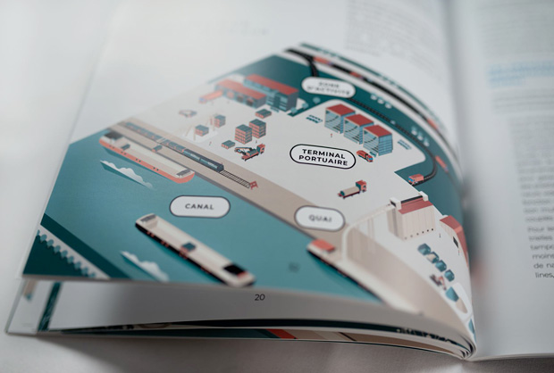 Shéma terminal portuaire, illustration canal, péniche, quai, Canal Seine Nord Europe