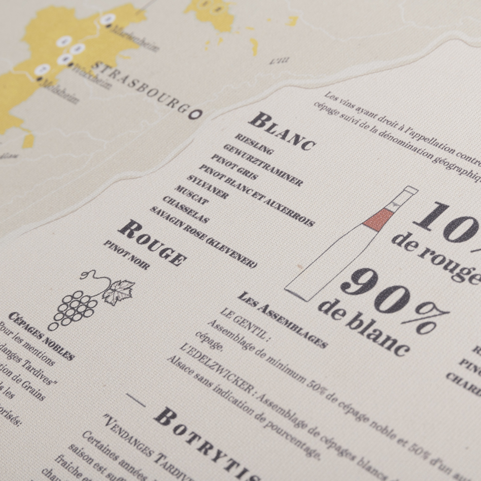 Carte du vignoble d'Alsace, carte des 53 AOC des vins d'Alsace, Riesling, Gewustreiminer | Editions Cartographik