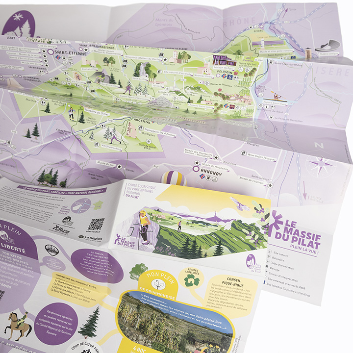 Carte du PNR du massif du Pilat, mise en page, graphisme, maquettage, illustration