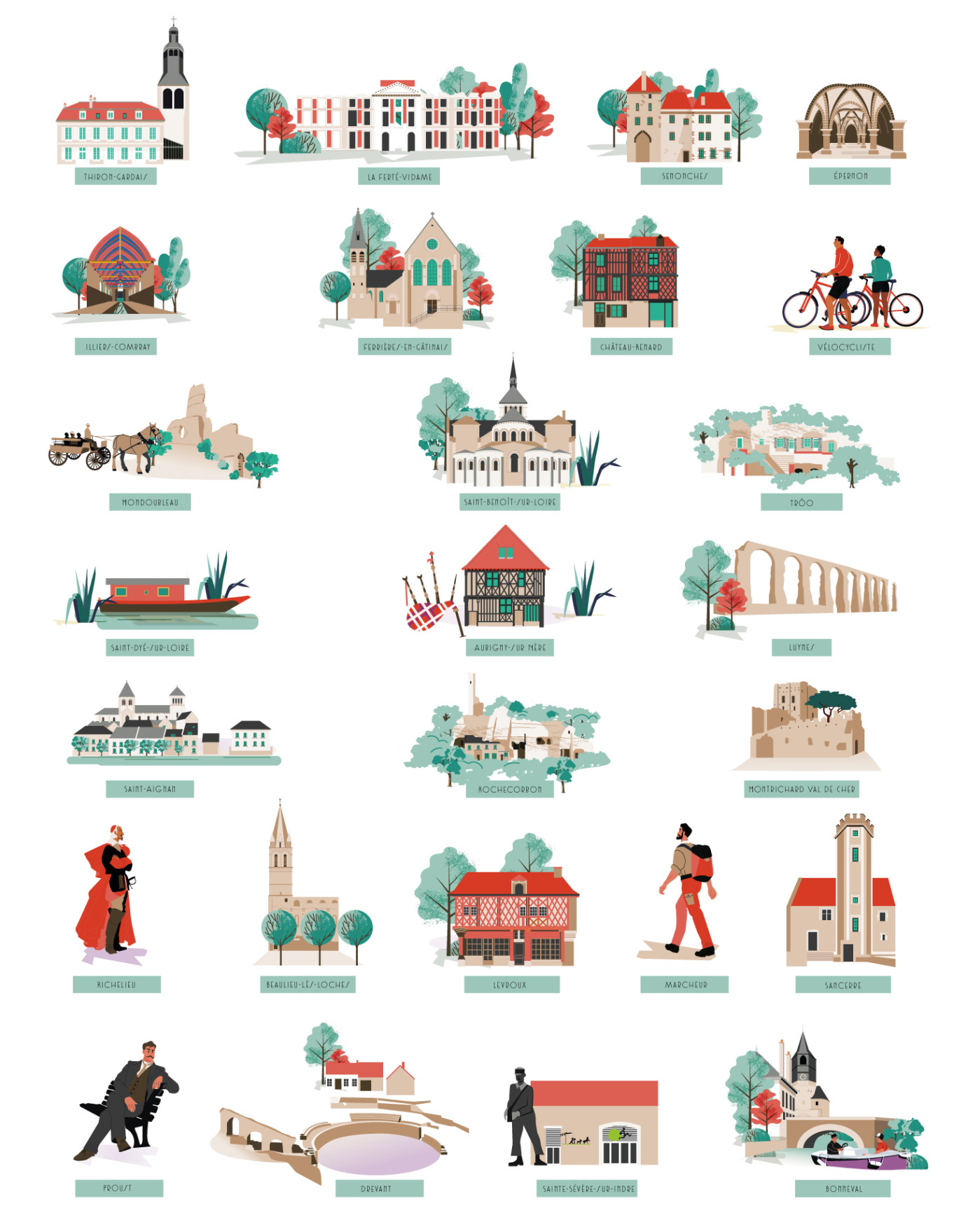 illustration architecture, château, petites cités de caractère, village typique, monument, église, patrimoine