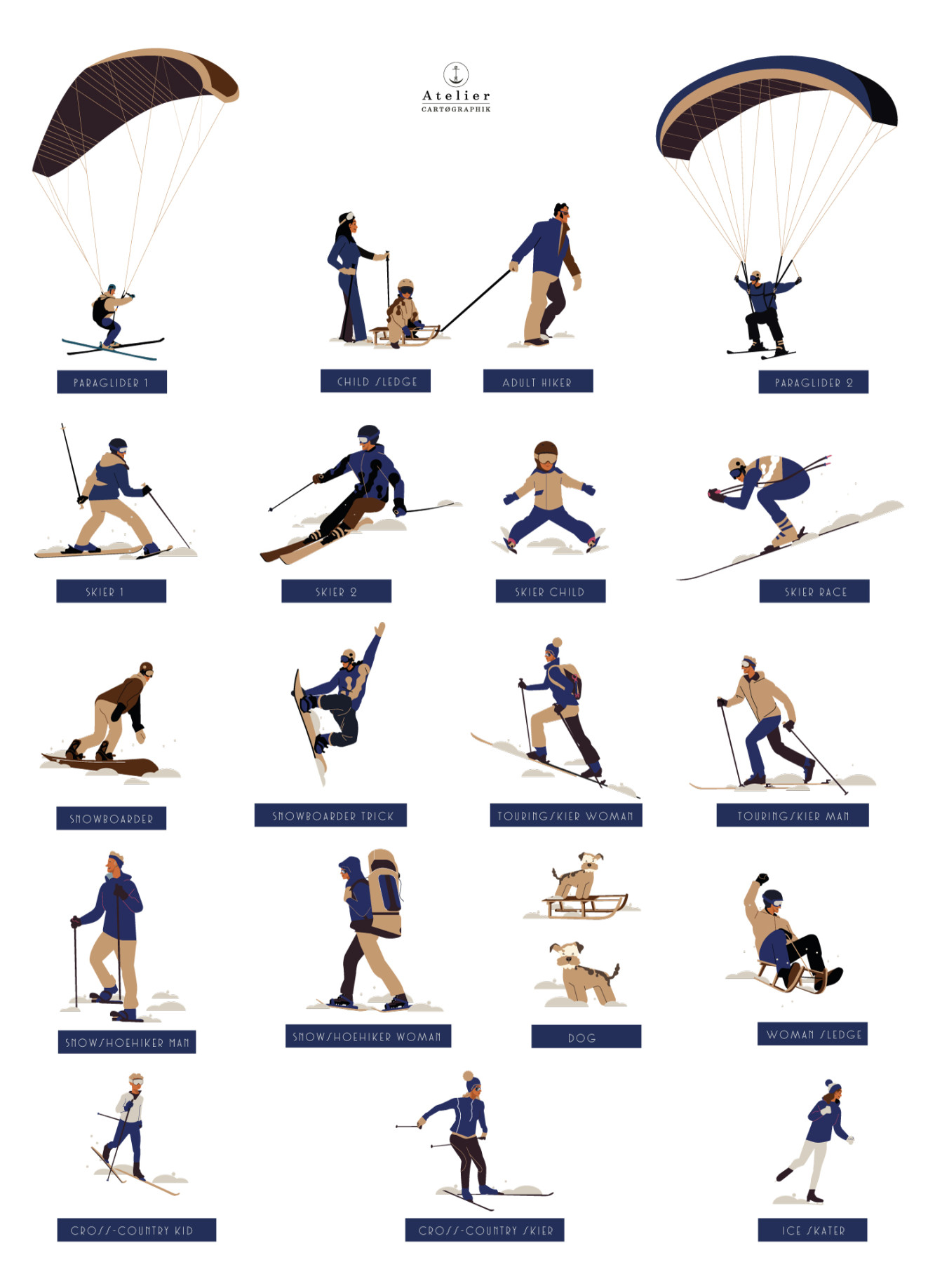 illustrations, activités outdoor, parapente, skieur, luge, randonneur, ski de fond